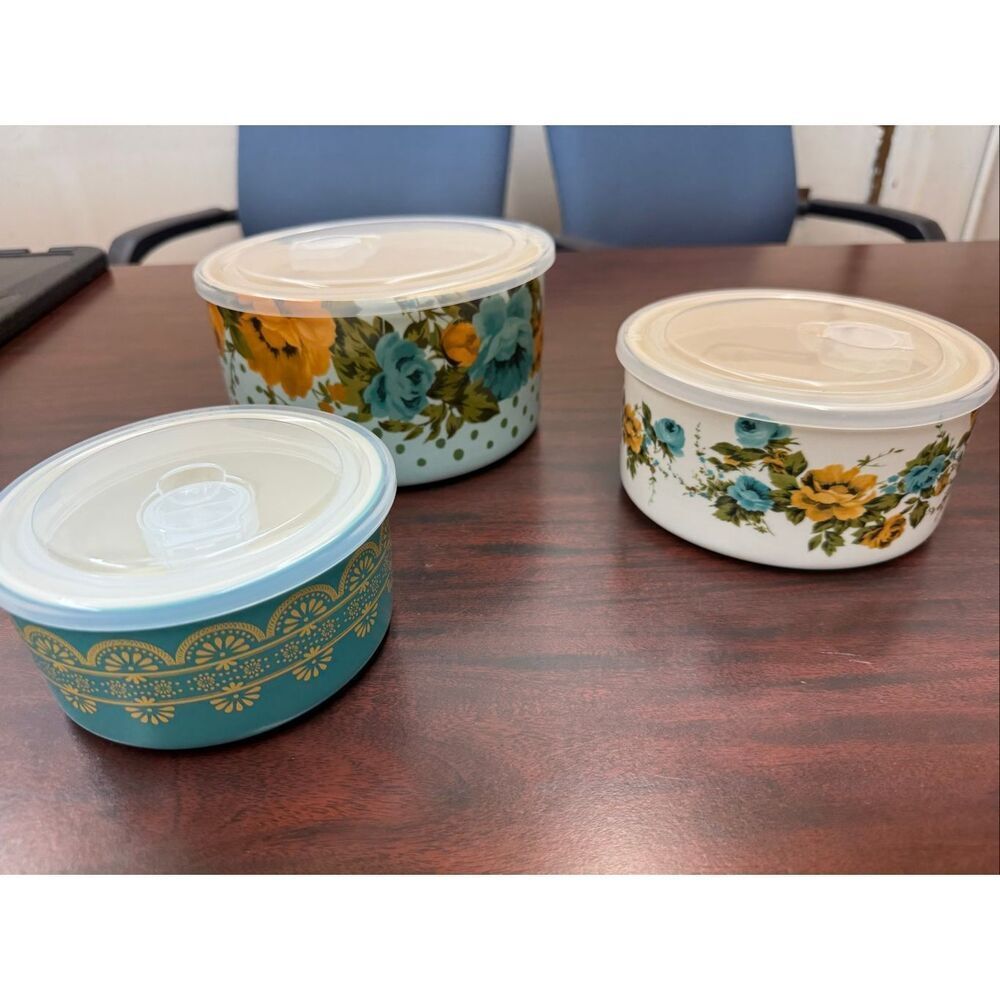 Pioneer Woman Rose Floral Ceramic Nesting Bowls with Lids